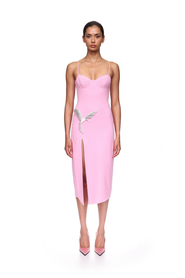 David Koma CAMI MIDI DRESS WITH CRYSTAL HUMMINGBIRD PINK/PINK/SILVER