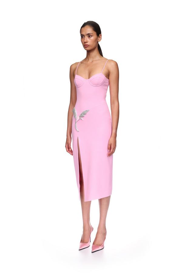 David Koma CAMI MIDI DRESS WITH CRYSTAL HUMMINGBIRD PINK/PINK/SILVER