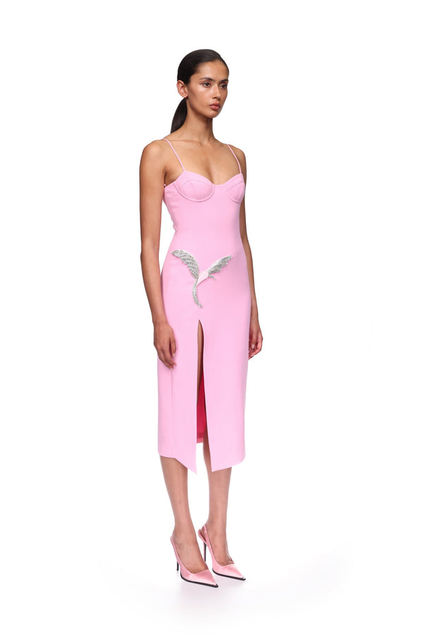 David Koma CAMI MIDI DRESS WITH CRYSTAL HUMMINGBIRD PINK/PINK/SILVER