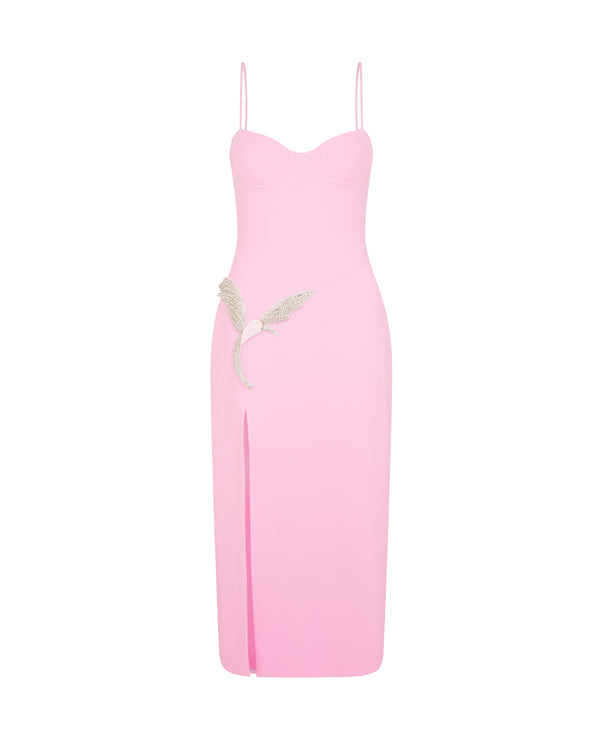 david koma CAMI MIDI DRESS WITH CRYSTAL HUMMINGBIRD PINK/PINK/SILVER