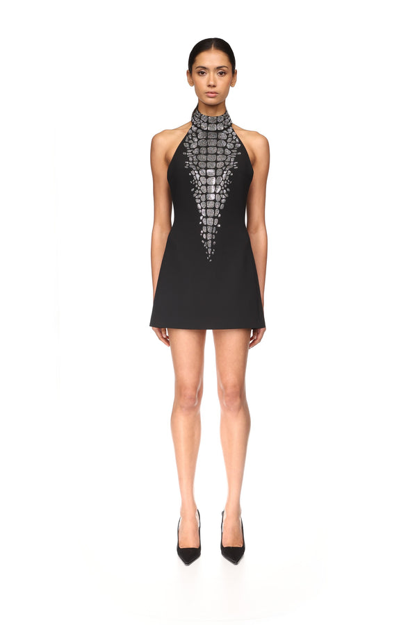 David Koma CROC RHINESTONE EMBROIDERY HALTERNECK MINI DRESS BLACK/SILVER