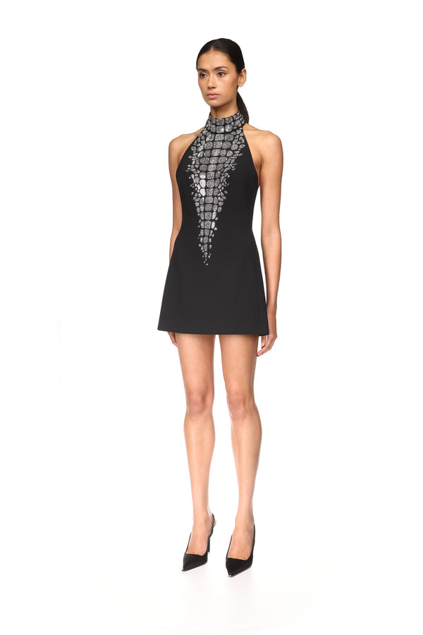 David Koma CROC RHINESTONE EMBROIDERY HALTERNECK MINI DRESS BLACK/SILVER