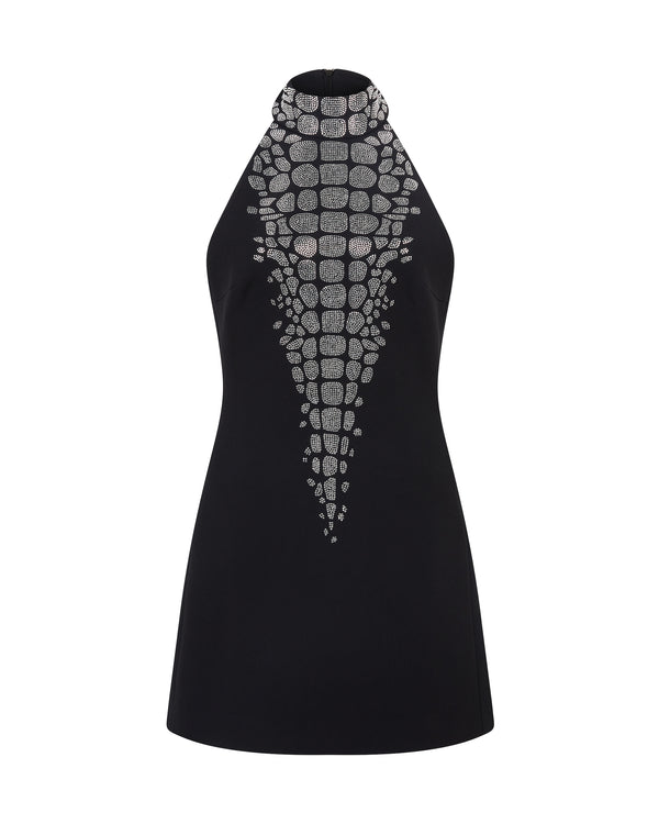david koma CROC RHINESTONE EMBROIDERY HALTERNECK MINI DRESS BLACK/SILVER