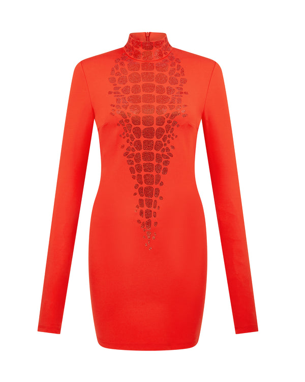 david koma CROC RHINESTONE EMBROIDERY LONG SLEEVE MINI DRESS RED/RED
