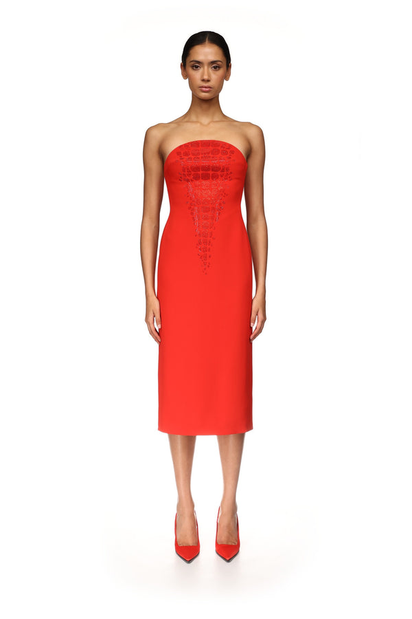 David Koma CROC RHINESTONE EMBROIDERY STRAPLESS MIDI DRESS RED/RED