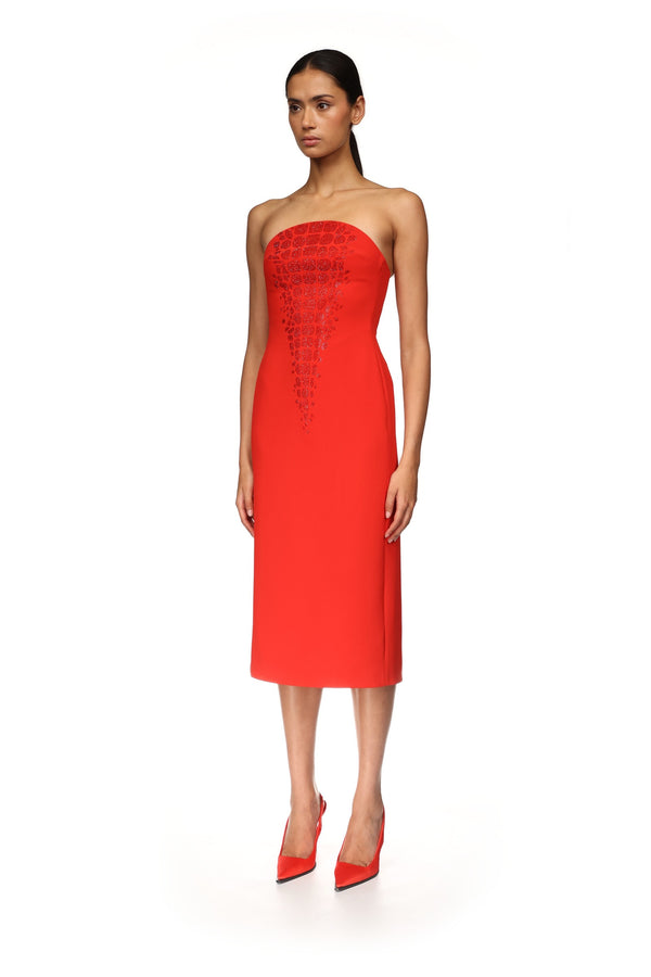 David Koma CROC RHINESTONE EMBROIDERY STRAPLESS MIDI DRESS RED/RED