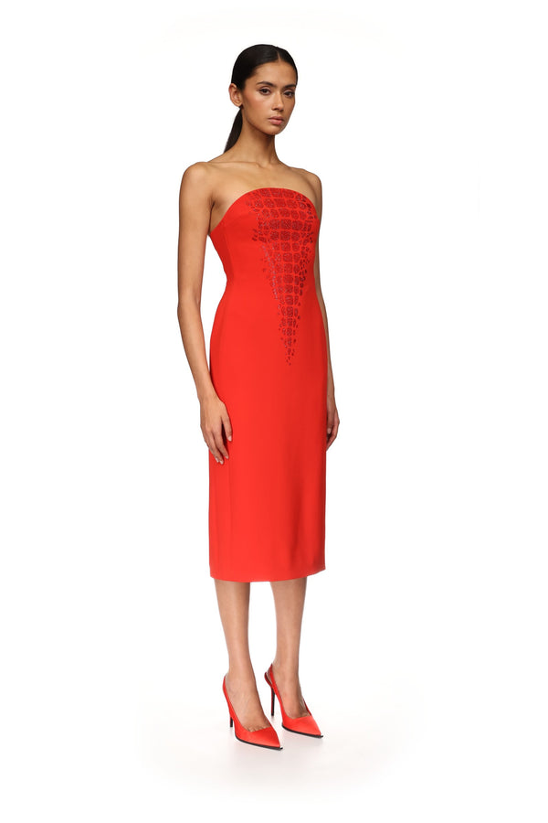 David Koma CROC RHINESTONE EMBROIDERY STRAPLESS MIDI DRESS RED/RED