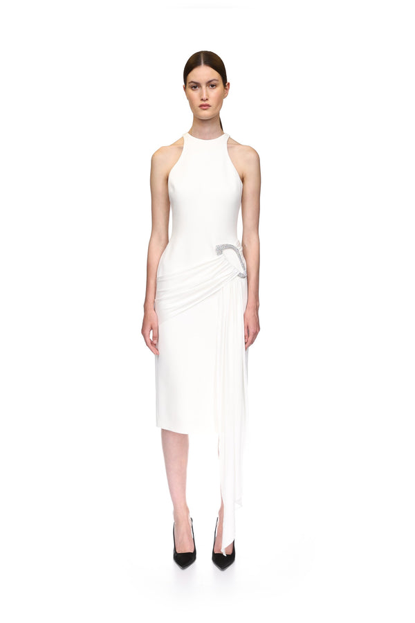 David Koma CRYSTAL BUCKLE AND DRAPE DETAIL MIDI DRESS WHITE