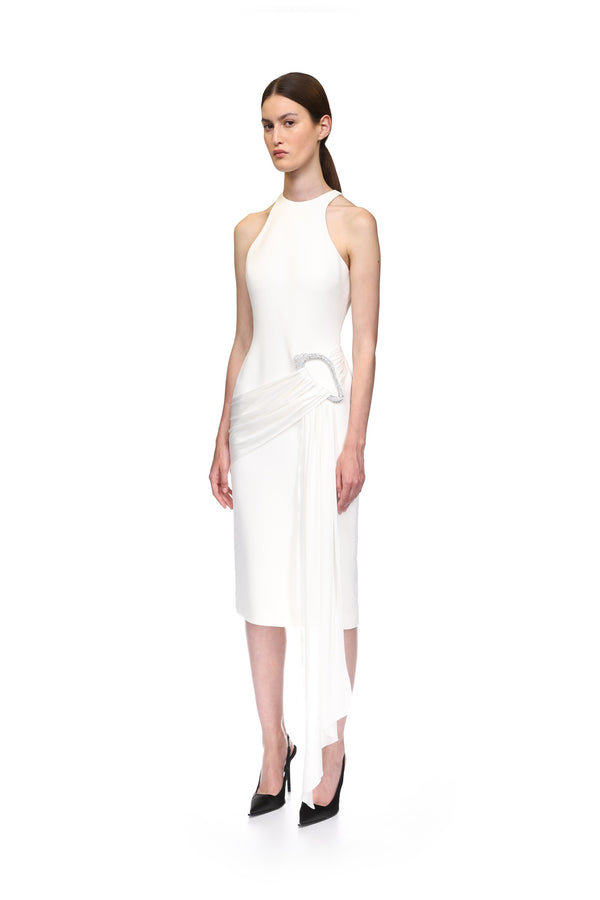 David Koma CRYSTAL BUCKLE AND DRAPE DETAIL MIDI DRESS WHITE