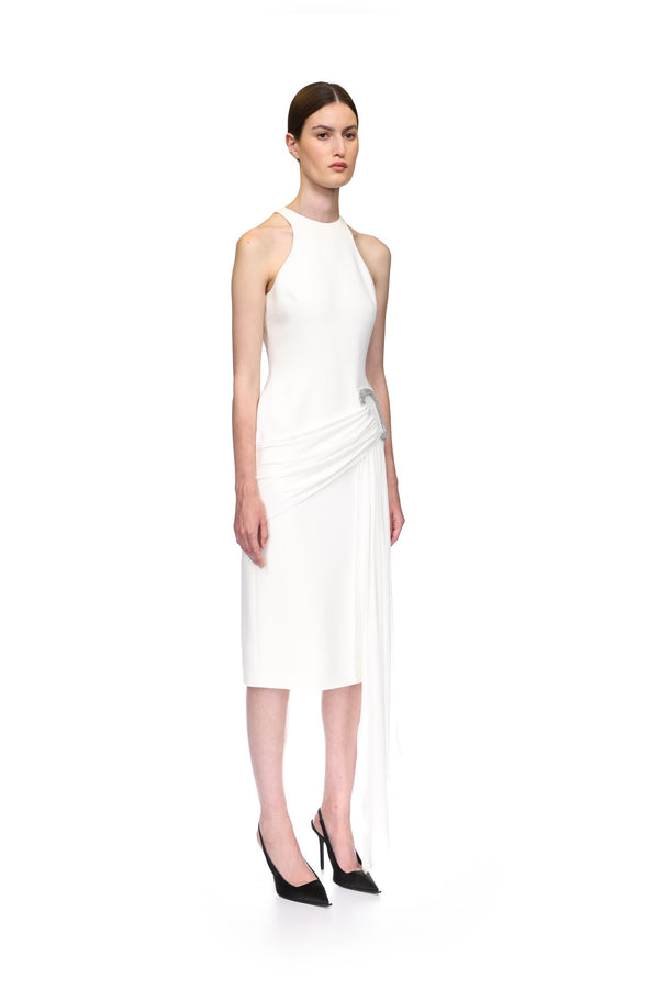 David Koma CRYSTAL BUCKLE AND DRAPE DETAIL MIDI DRESS WHITE