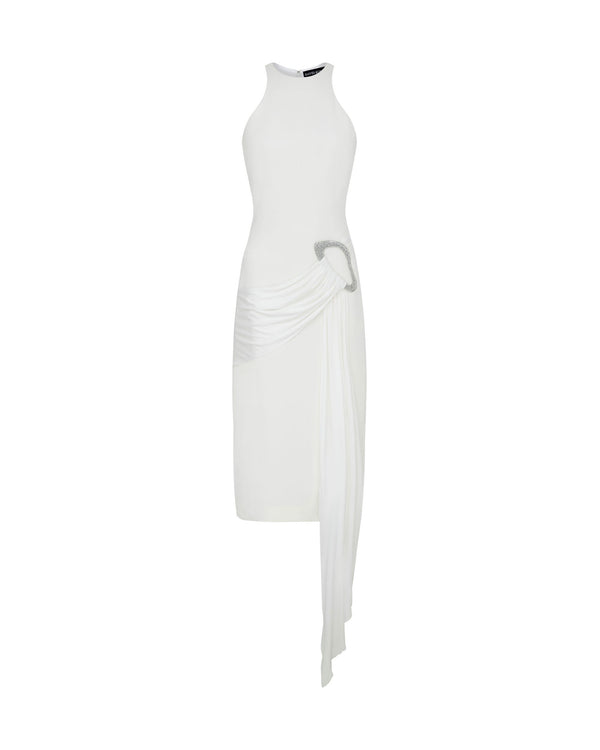 david koma CRYSTAL BUCKLE AND DRAPE DETAIL MIDI DRESS WHITE