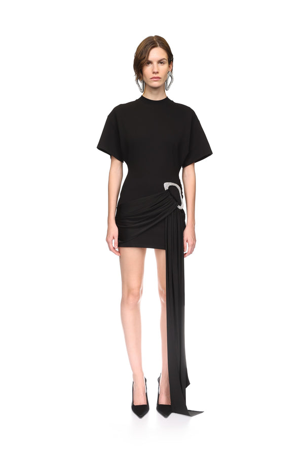 David Koma CRYSTAL BUCKLE AND DRAPE DETAIL MINI DRESS BLACK