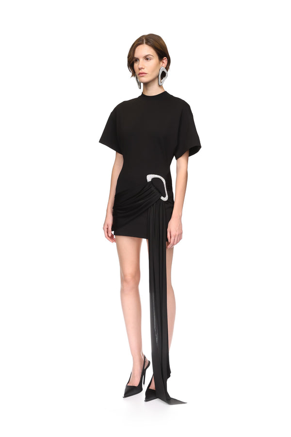 David Koma CRYSTAL BUCKLE AND DRAPE DETAIL MINI DRESS BLACK