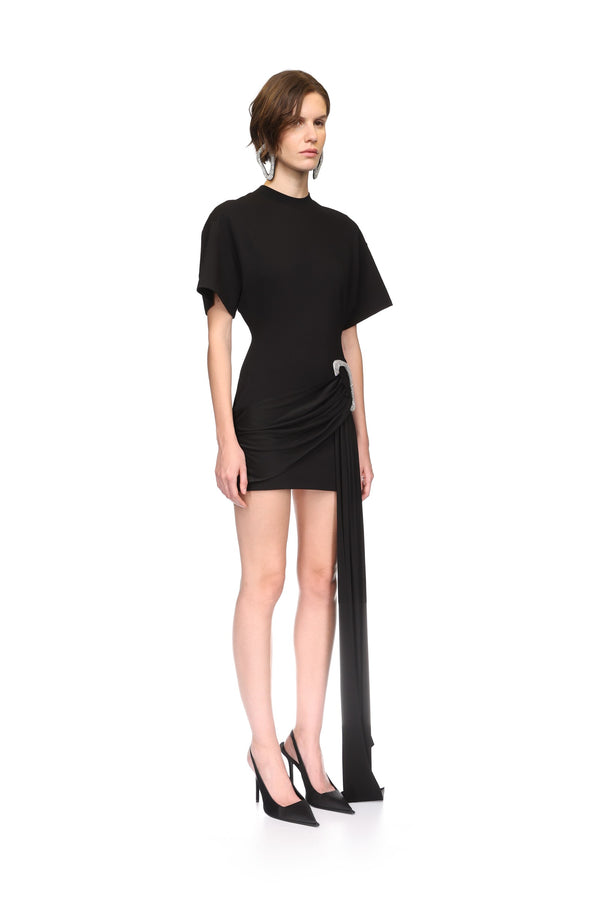 David Koma CRYSTAL BUCKLE AND DRAPE DETAIL MINI DRESS BLACK