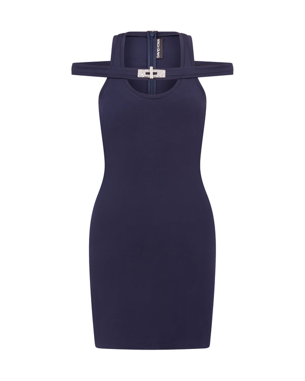 david koma CRYSTAL BUCKLE DETAIL JERSEY MINI DRESS NAVY/SILVER