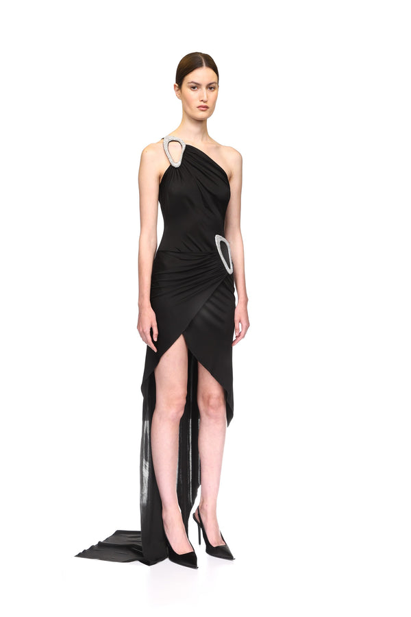 David Koma CRYSTAL BUCKLE DETAIL ONE SHOULDER DRESS BLACK