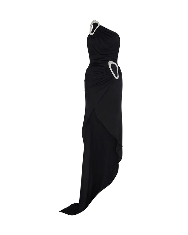 david koma CRYSTAL BUCKLE DETAIL ONE SHOULDER DRESS BLACK