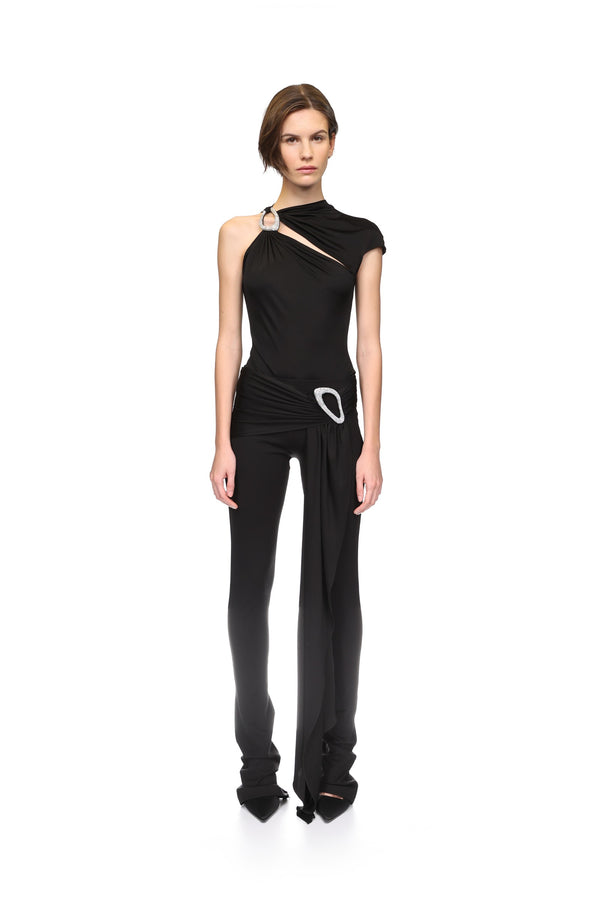 David Koma CRYSTAL BUCKLE EMBR & DRAPE OVERLAY TROUSERS BLACK