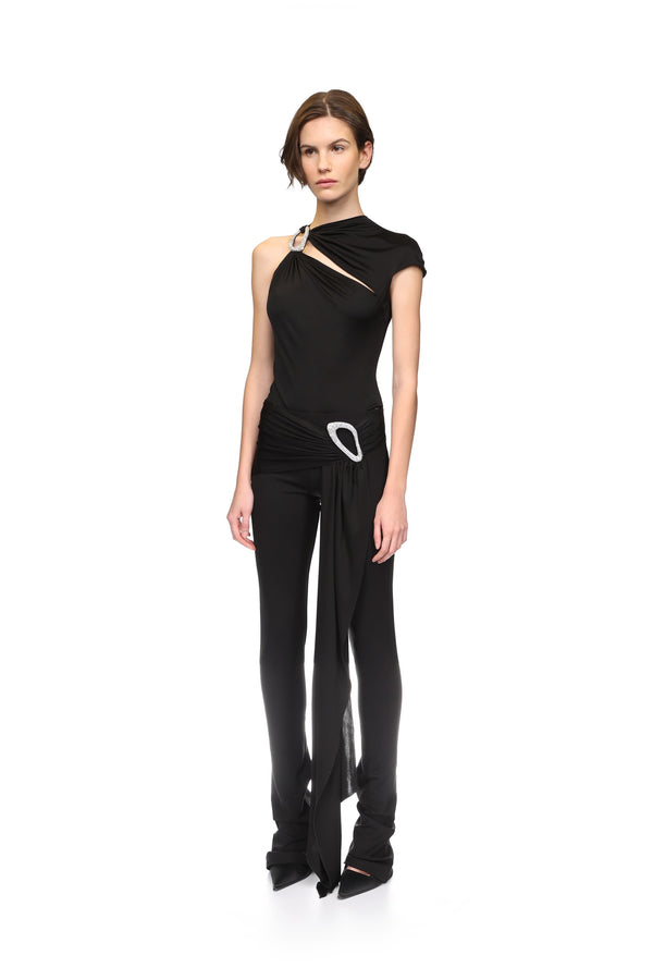 David Koma CRYSTAL BUCKLE EMBR & DRAPE OVERLAY TROUSERS BLACK