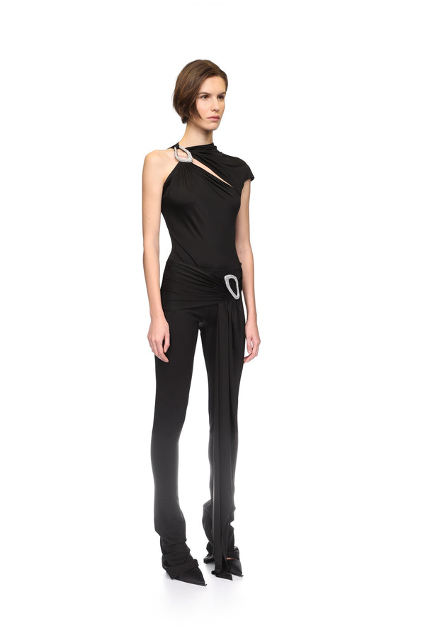 David Koma CRYSTAL BUCKLE EMBR & DRAPE OVERLAY TROUSERS BLACK