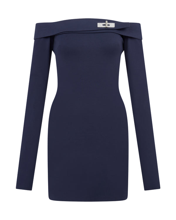 david koma CRYSTAL BUCKLE OFF SHOULDER MINI DRESS NAVY/SILVER