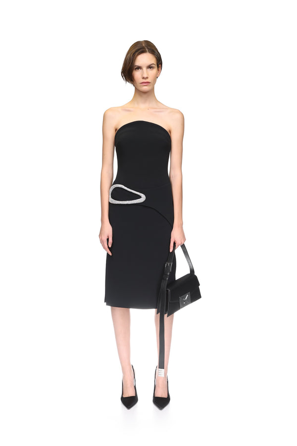 David Koma CRYSTAL BUCKLE STRAPLESS MIDI DRESS BLACK