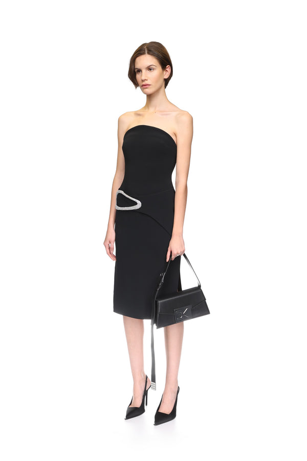 David Koma CRYSTAL BUCKLE STRAPLESS MIDI DRESS BLACK