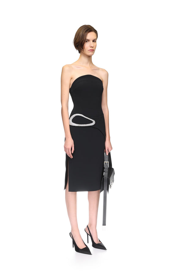 David Koma CRYSTAL BUCKLE STRAPLESS MIDI DRESS BLACK