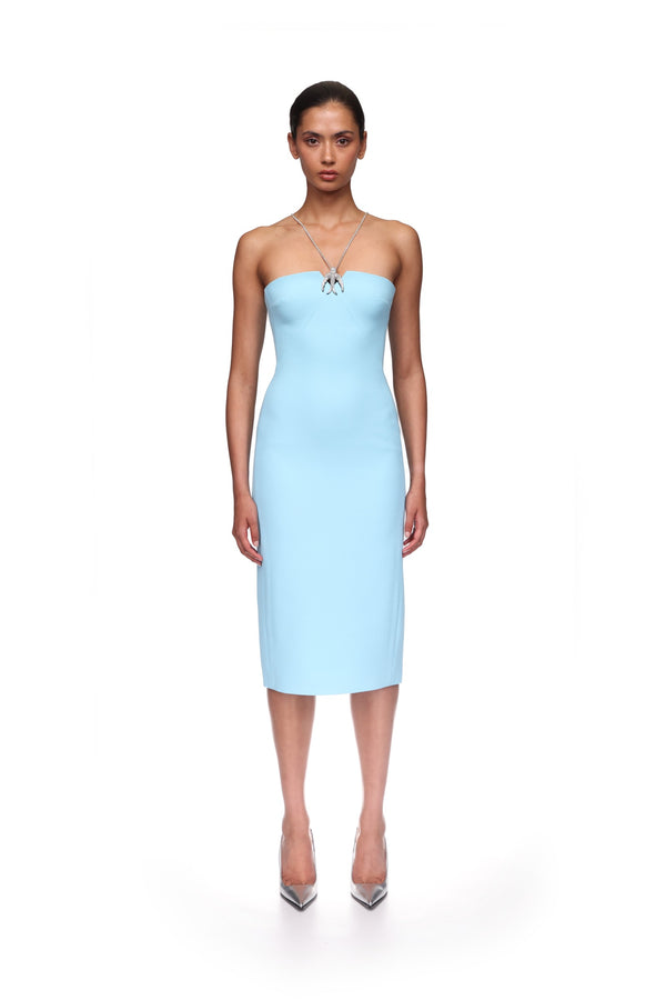 David Koma CRYSTAL CHAIN AND SWALLOW MIDI DRESS BLUE/SILVER