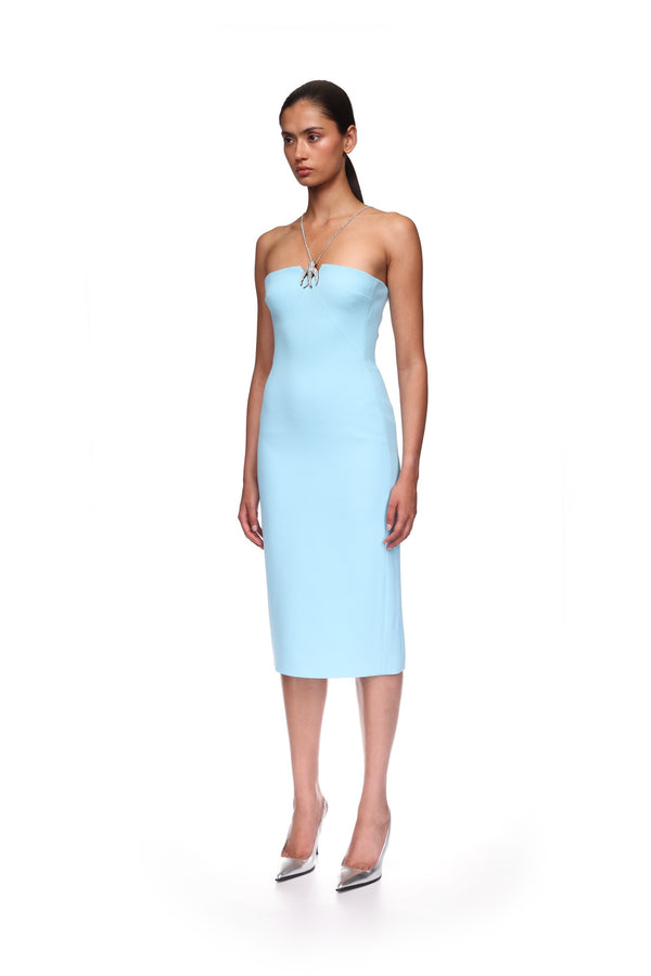 David Koma CRYSTAL CHAIN AND SWALLOW MIDI DRESS BLUE/SILVER