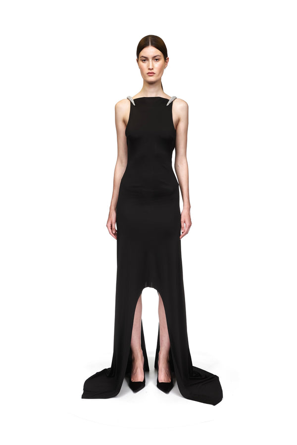 David Koma CRYSTAL CLAW DETAIL ASYMMETRIC HEM GOWN BLACK