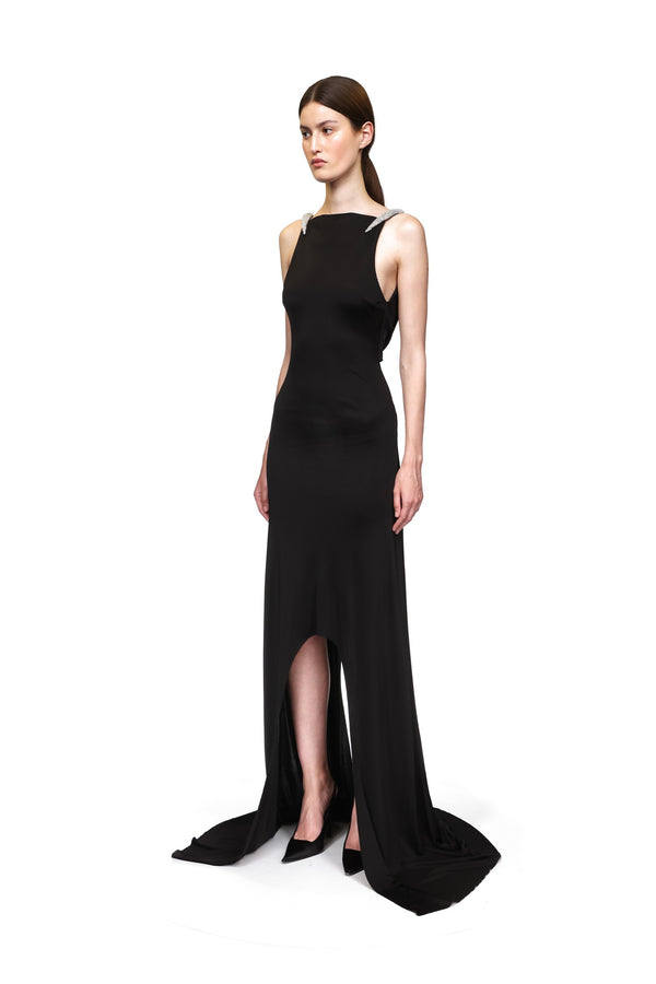 David Koma CRYSTAL CLAW DETAIL ASYMMETRIC HEM GOWN BLACK