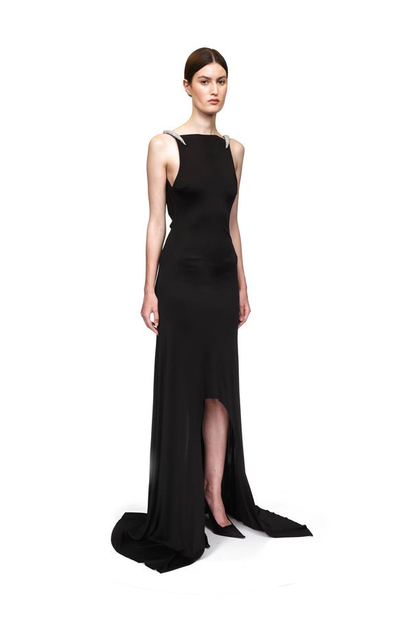 David Koma CRYSTAL CLAW DETAIL ASYMMETRIC HEM GOWN BLACK