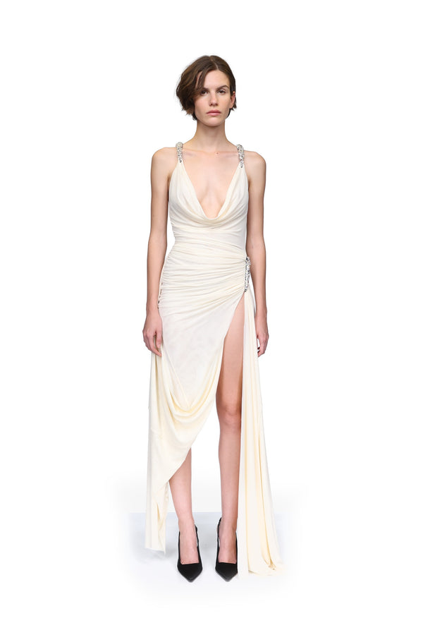 David Koma CRYSTAL CLAW DETAILING AND MESH GOWN CREAM