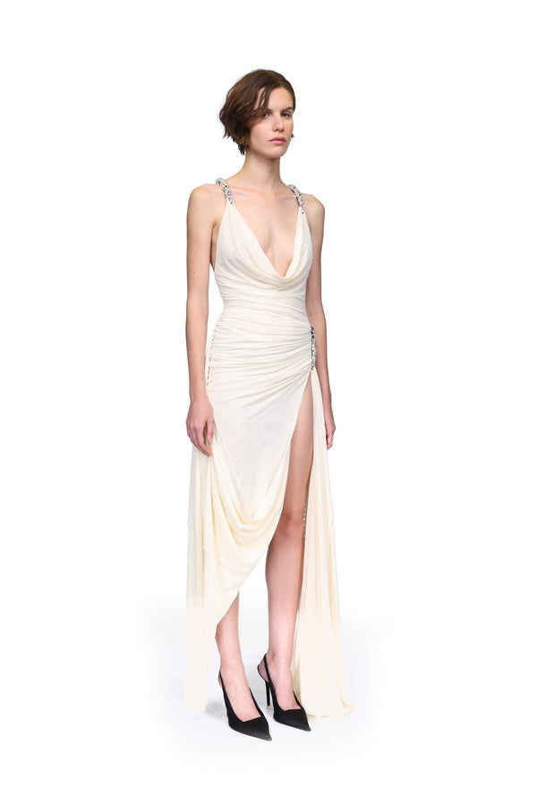 David Koma CRYSTAL CLAW DETAILING AND MESH GOWN CREAM
