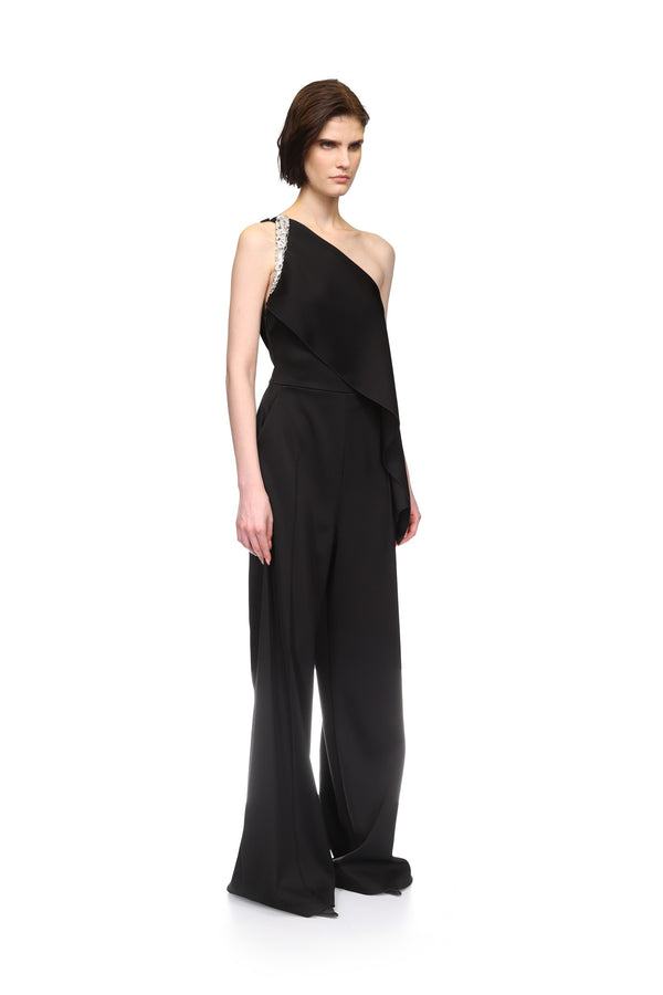 David Koma CRYSTAL CLAW EMBR DETAIL DRAPED JUMPSUIT BLACK