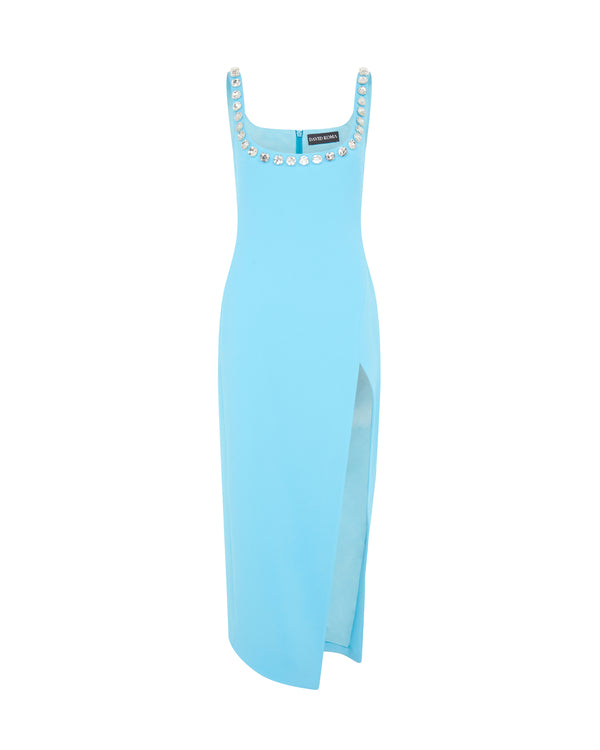 david koma CRYSTAL EMBROIDERED ASYMMETRIC MIDI DRESS TURQUOISE/SILVER