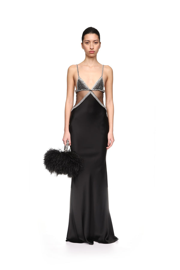David Koma CRYSTAL EMBROIDERED BRA AND SATIN GOWN BLACK/BLACK/SILVER