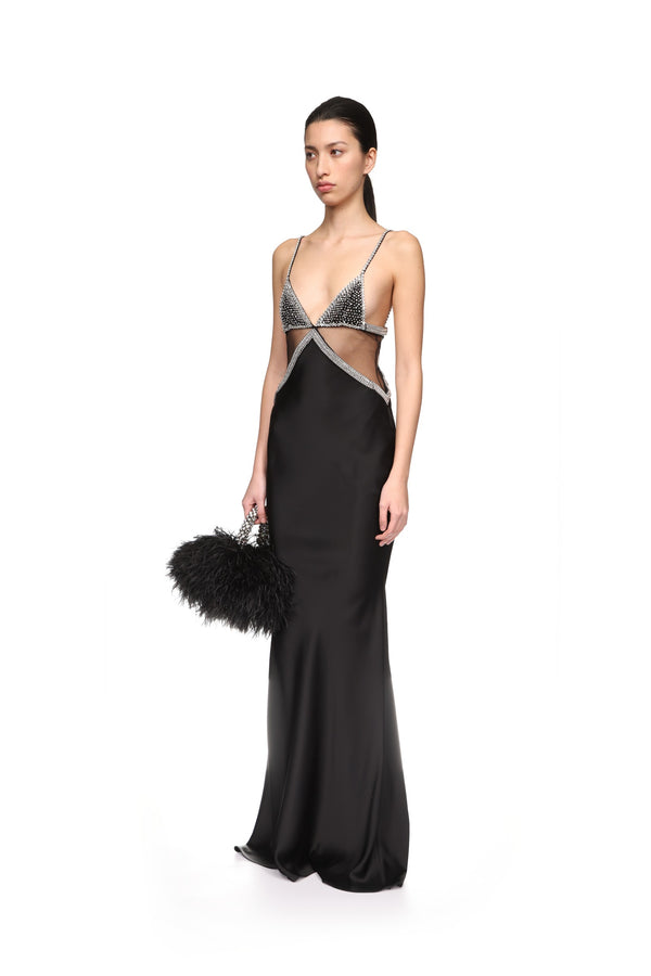 David Koma CRYSTAL EMBROIDERED BRA AND SATIN GOWN BLACK/BLACK/SILVER