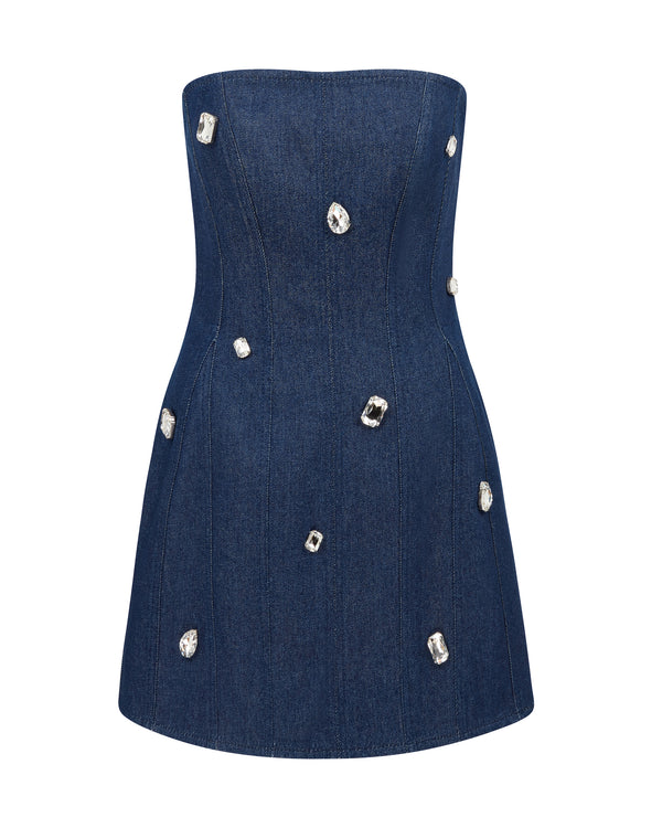 david koma CRYSTAL EMBROIDERED DENIM AND CORSET MINI DRESS INDIGO/SILVER