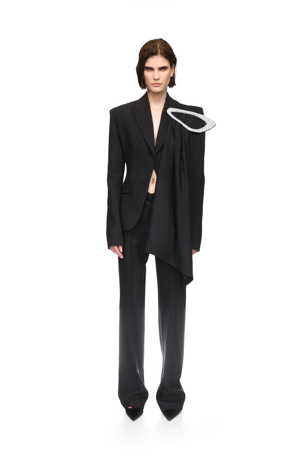 David Koma CRYSTAL EMBROIDERED DRAPE OVERLAY JACKET BLACK