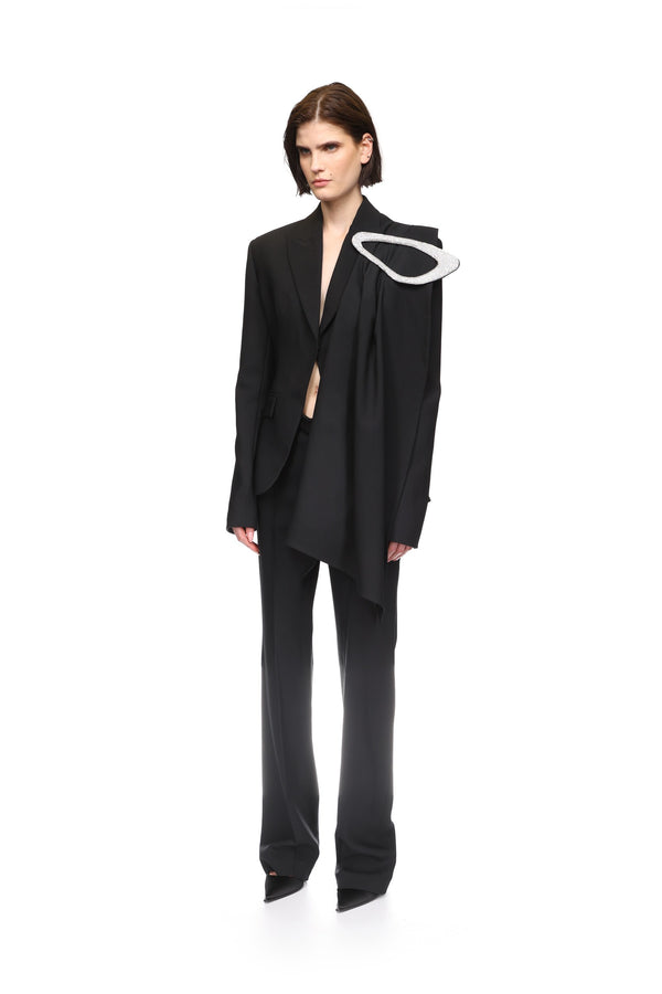 David Koma CRYSTAL EMBROIDERED DRAPE OVERLAY JACKET BLACK