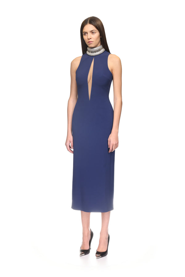 David Koma CRYSTAL EMBROIDERED HIGH COLLAR MIDI DRESS IN WHITE WHITE/SILVER