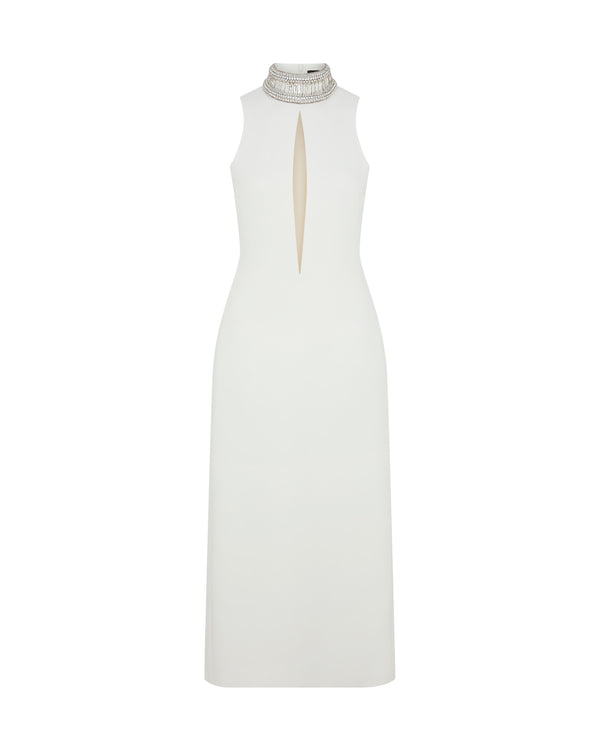 david koma CRYSTAL EMBROIDERED HIGH COLLAR MIDI DRESS IN WHITE WHITE/SILVER