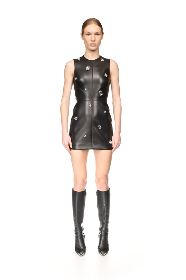 David Koma CRYSTAL EMBROIDERED LEATHER MINI DRESS BLACK/SILVER