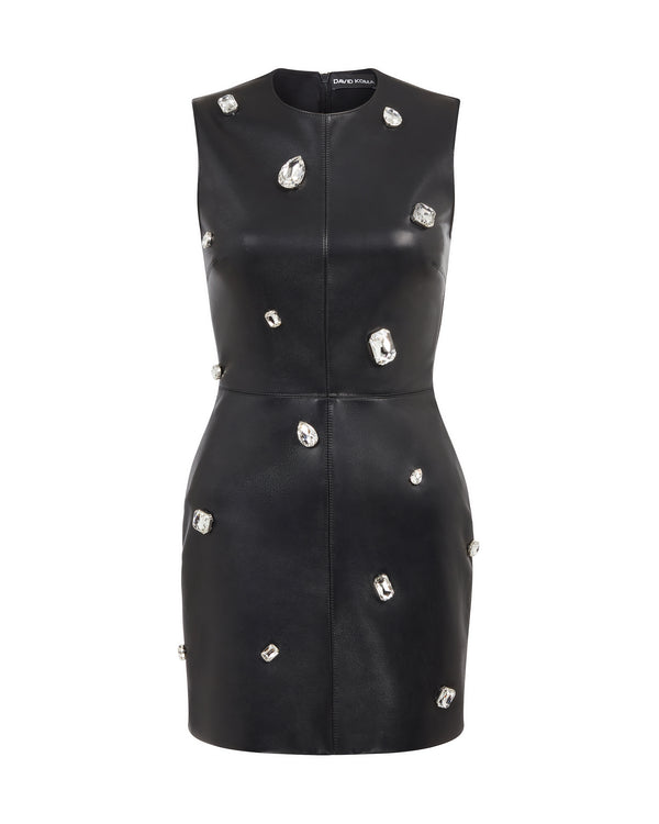 david koma CRYSTAL EMBROIDERED LEATHER MINI DRESS BLACK/SILVER