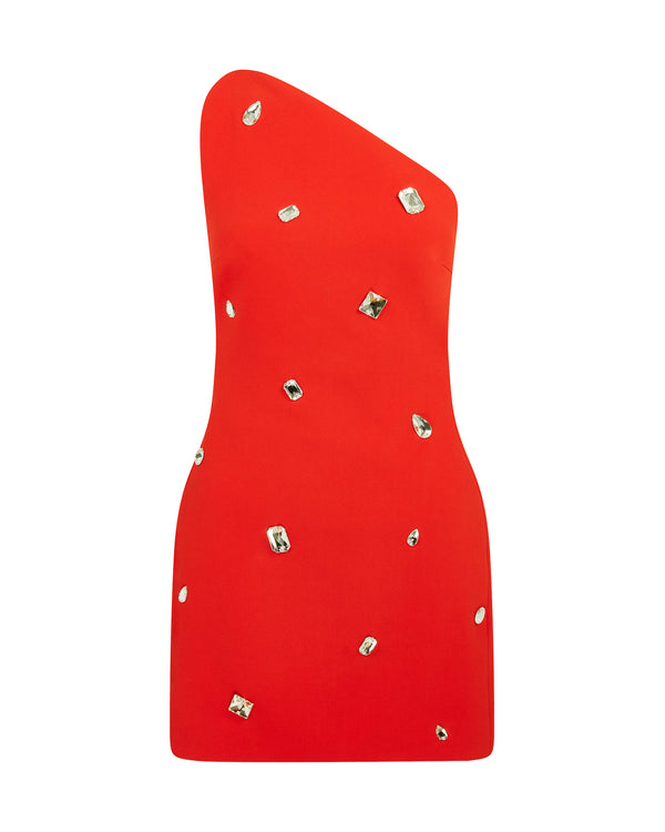 david koma CRYSTAL EMBROIDERED ONE SHOULDER MINI DRESS RED/SILVER