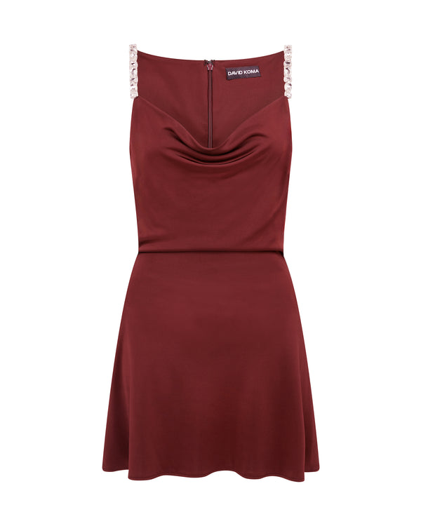 david koma CRYSTAL EMBROIDERED STRAPS AND COWL MINI DRESS BURGUNDY/SILVER