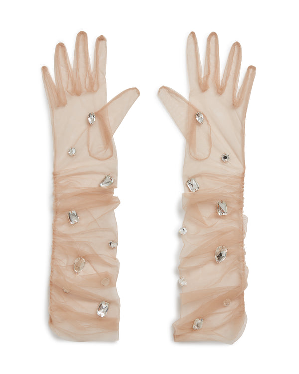 david koma CRYSTAL EMBROIDERED TULLE GLOVES IN BEIGE BEIGE/SILVER