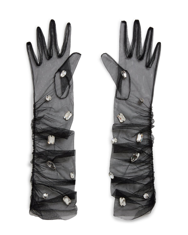 david koma CRYSTAL EMBROIDERED TULLE GLOVES IN BLACK BLACK/SILVER